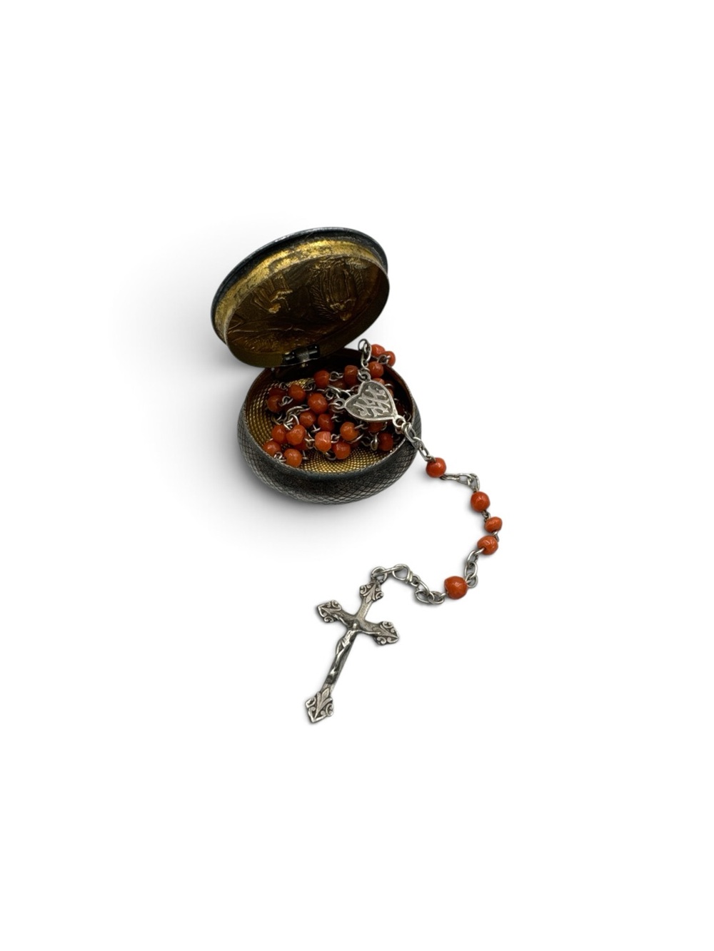 Antique Lourdes Sterling Silver Rosary Coral Keepsake Box Bernadette Set